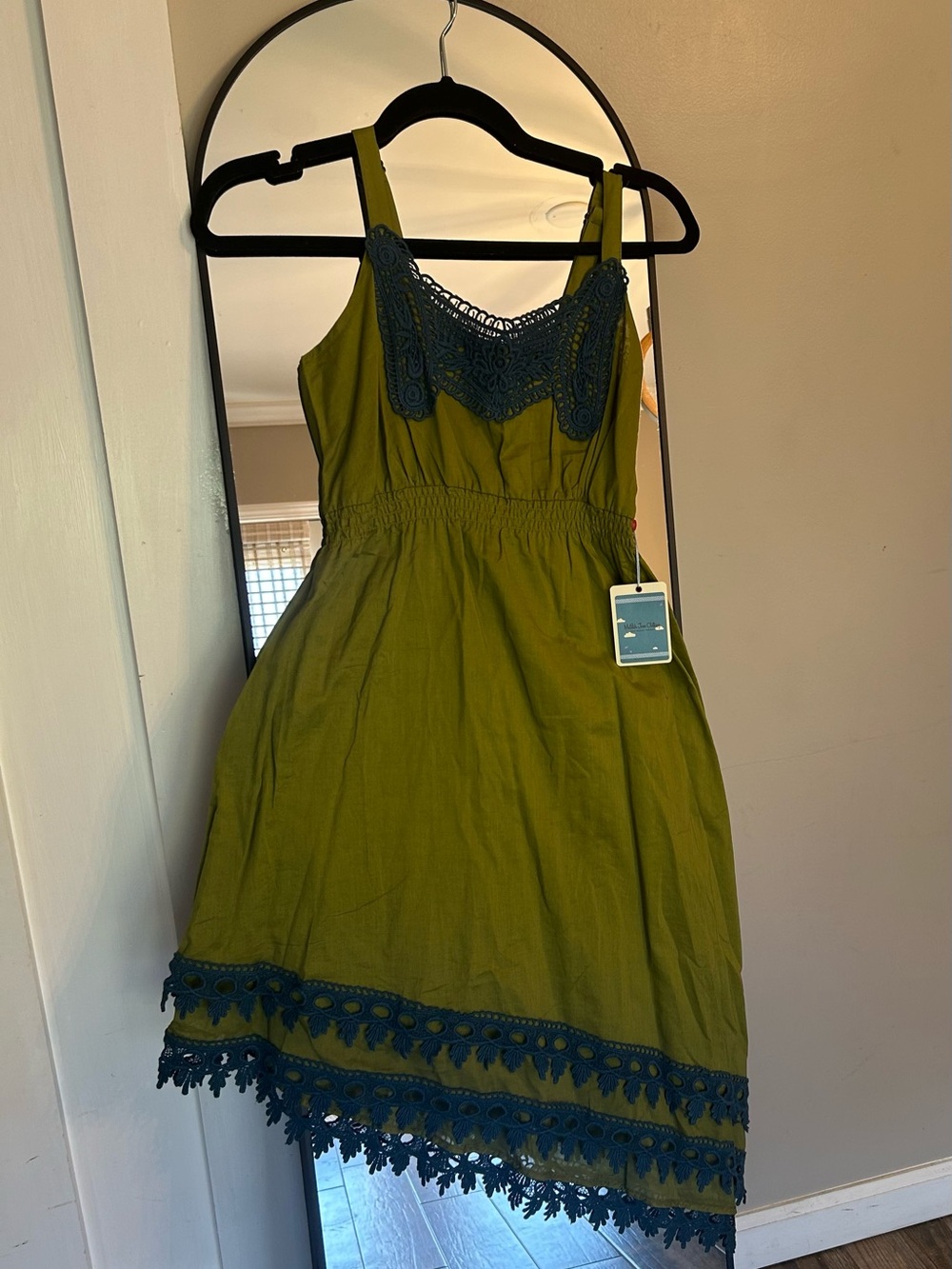 Matilda Jane Women’s Olive Green Midi Dress with Navy Crochet Trim
